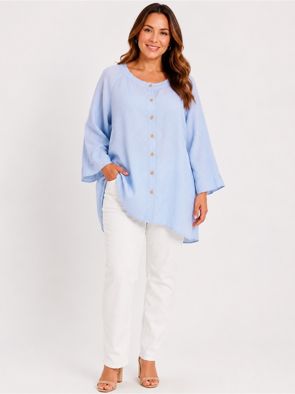 FLAX 100% Linen Blue Lagenlook Scoop Neck Button Down Blouse Tunic L